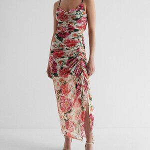 Floral Mesh V-Neck Side Cutout Ruched Maxi Dress With Bra Cups